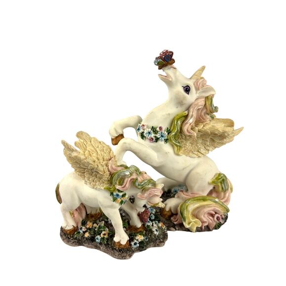 Vintage Hand Painted Unicorn Resin Figurine Whimsical Floral 1980s Mom and Baby - Picture 1 of 14